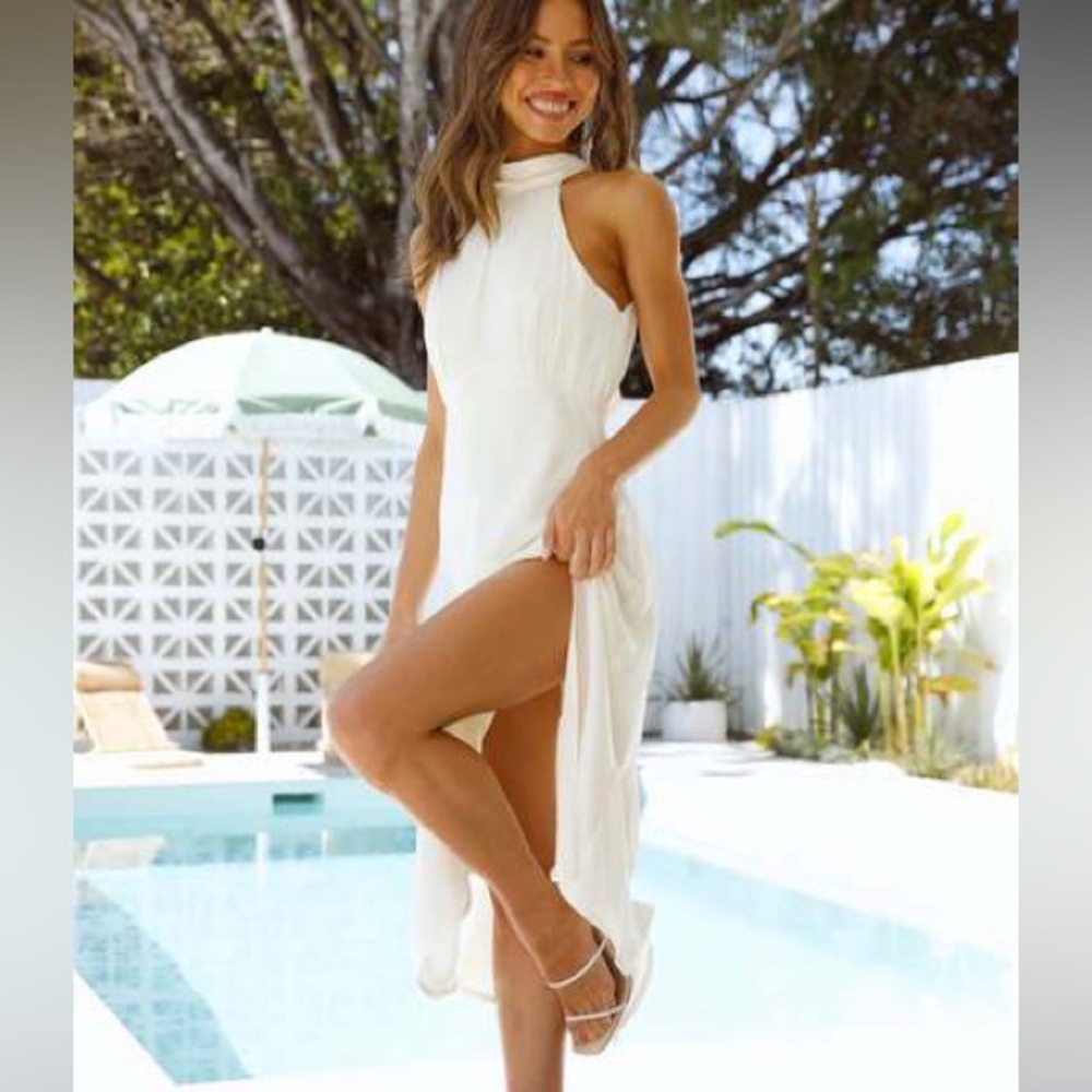 White/Cream Halter Midi Satin Dress